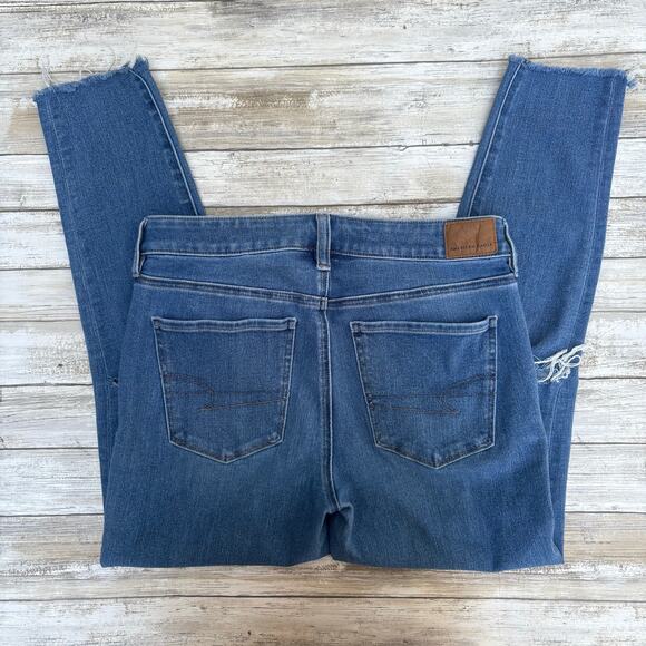 American Eagle Dream Jean 8 Blue Denim Jegging Distressed Ankle Stretch MidRise - Picture 4 of 10